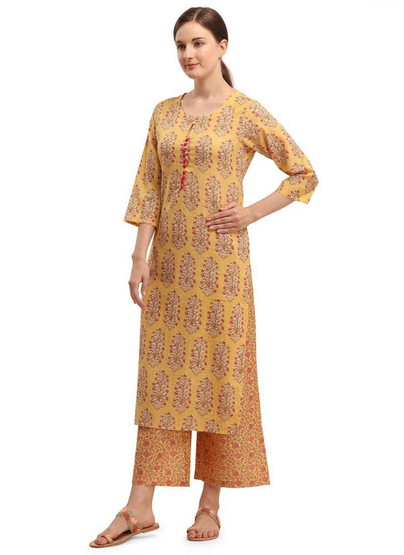 Yellow Latest Fancy Designer Ethnic Regular Wear Cotton Printed Kurti And Palzzo Collection 117